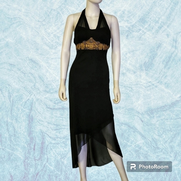 VTG TABOO Grecian Black Assymetric Angled Halter High Waist Castlecore Dress - Picture 1 of 10